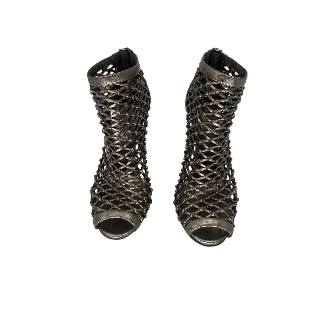 Gucci Eline Metallic Bronze Woven Leather Cage Peep Toe Booties Women's EU 37.5